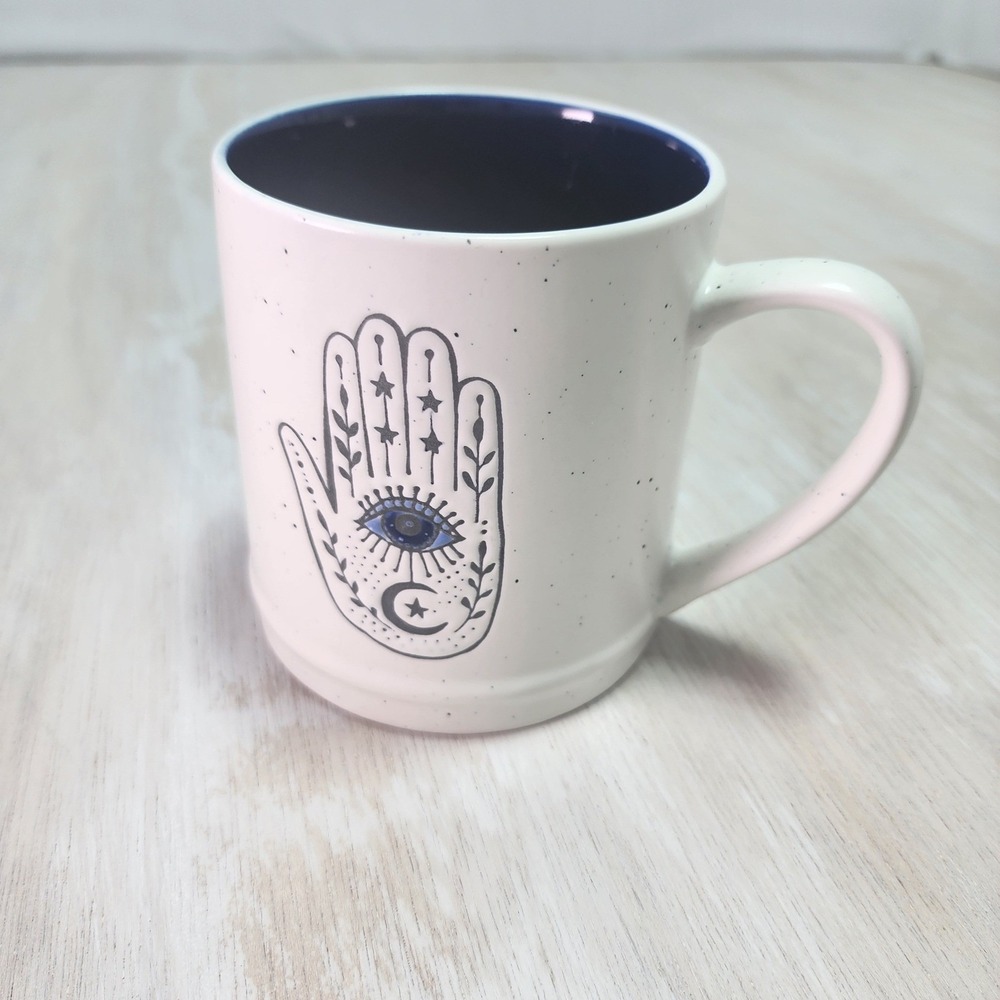 Boho Hamsa Hand Evil Eye Speckled Ceramic Coffee Mug Navy Blue Interior A312
